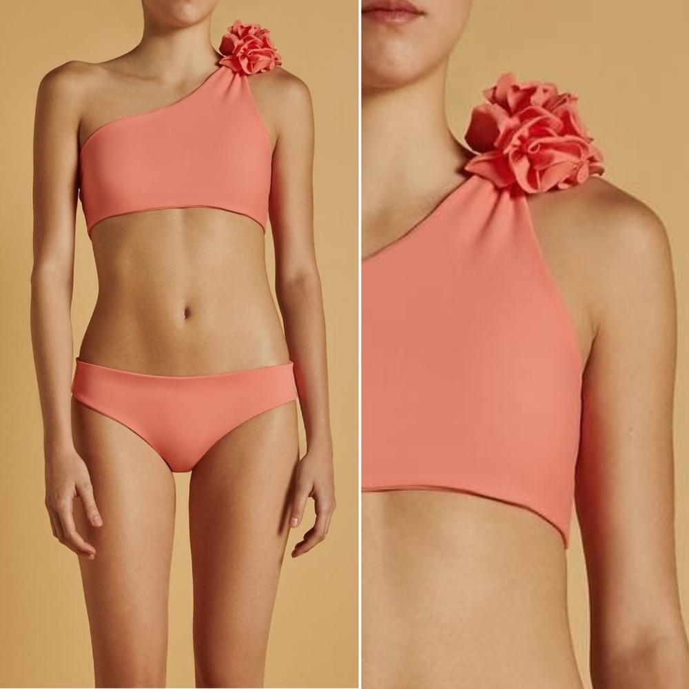 🆕️ Juan de Dios Swimwear One Shoulder Pom Pom Bikini Top in Coral & Cream